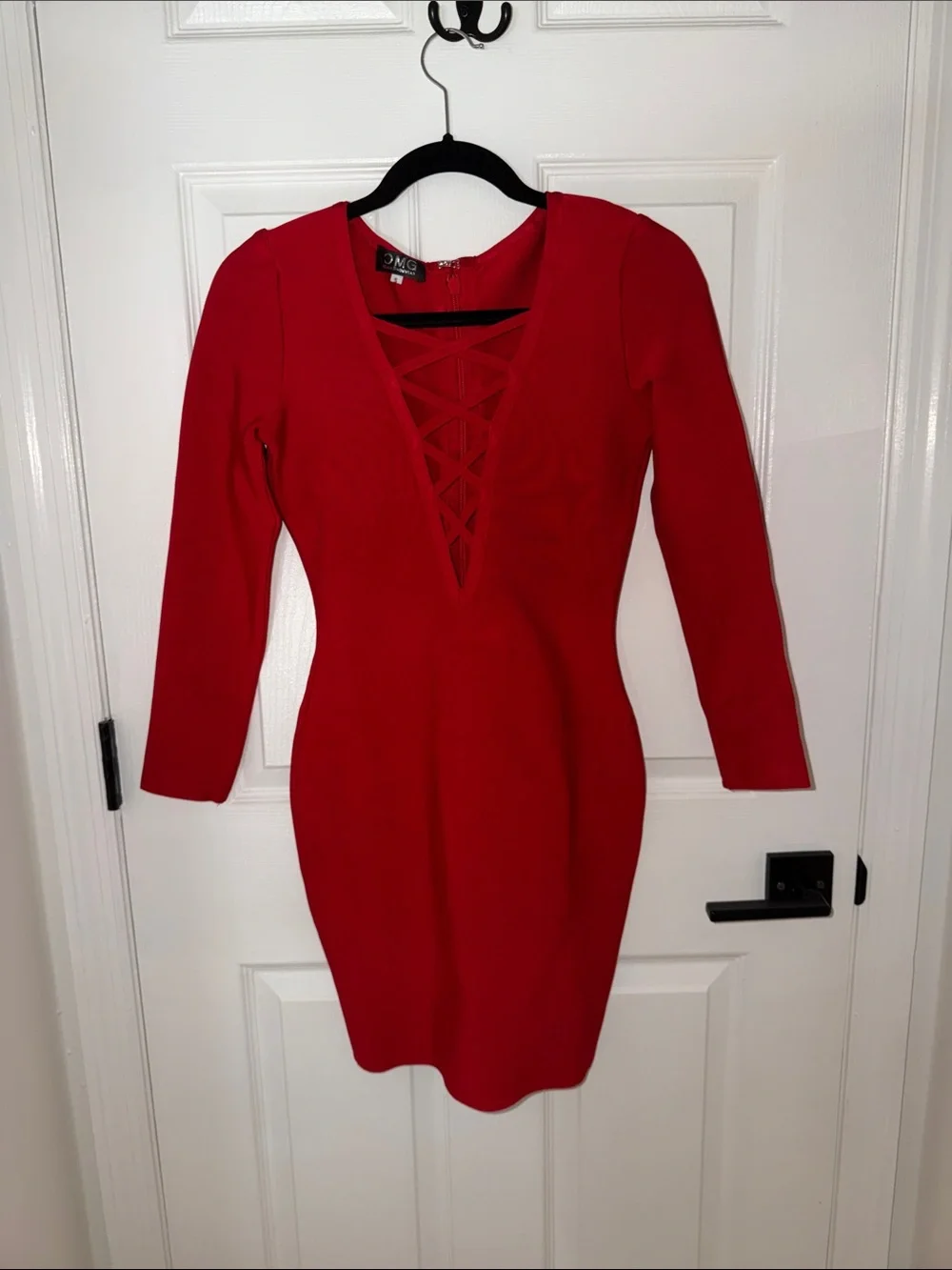 Bodycon Mini Dress with Lace-Up V-Neck in Red